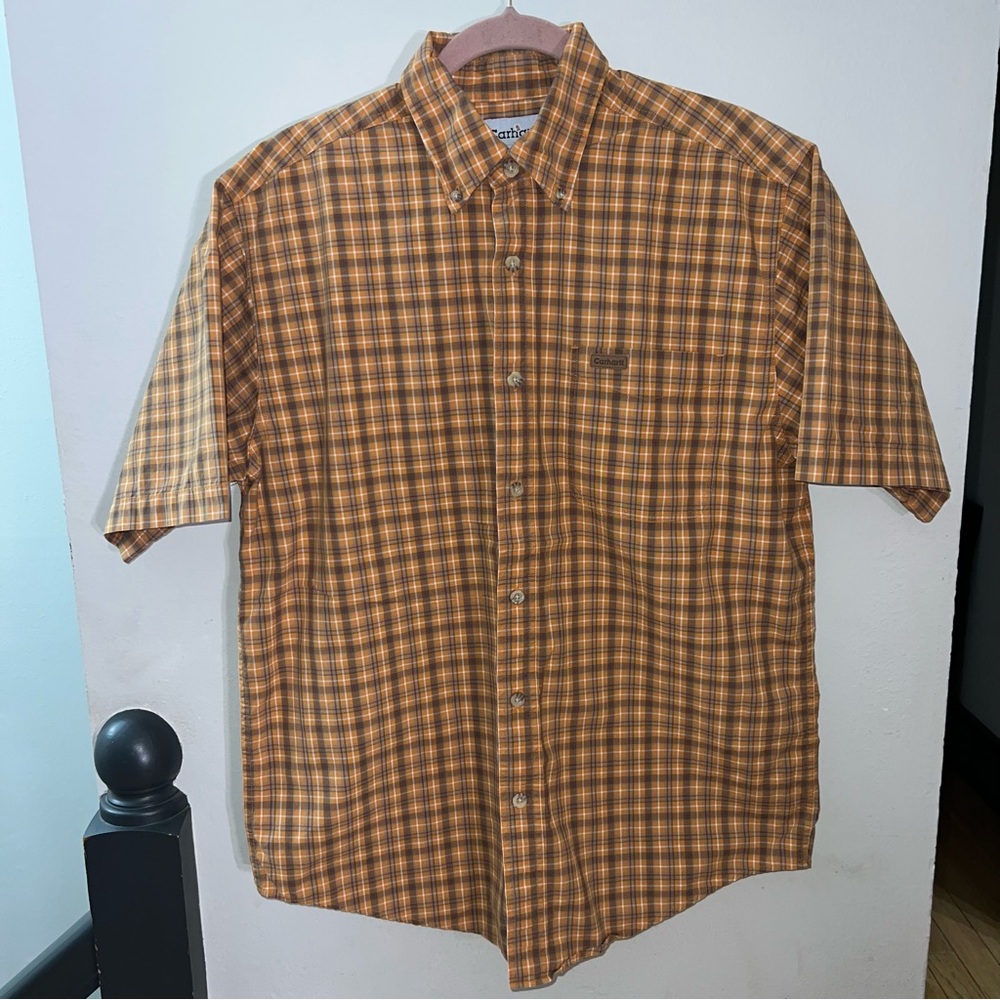 Carhartt Men’s Orange Brown Plaid Short Sleeve Cotton Shirt Size Medium